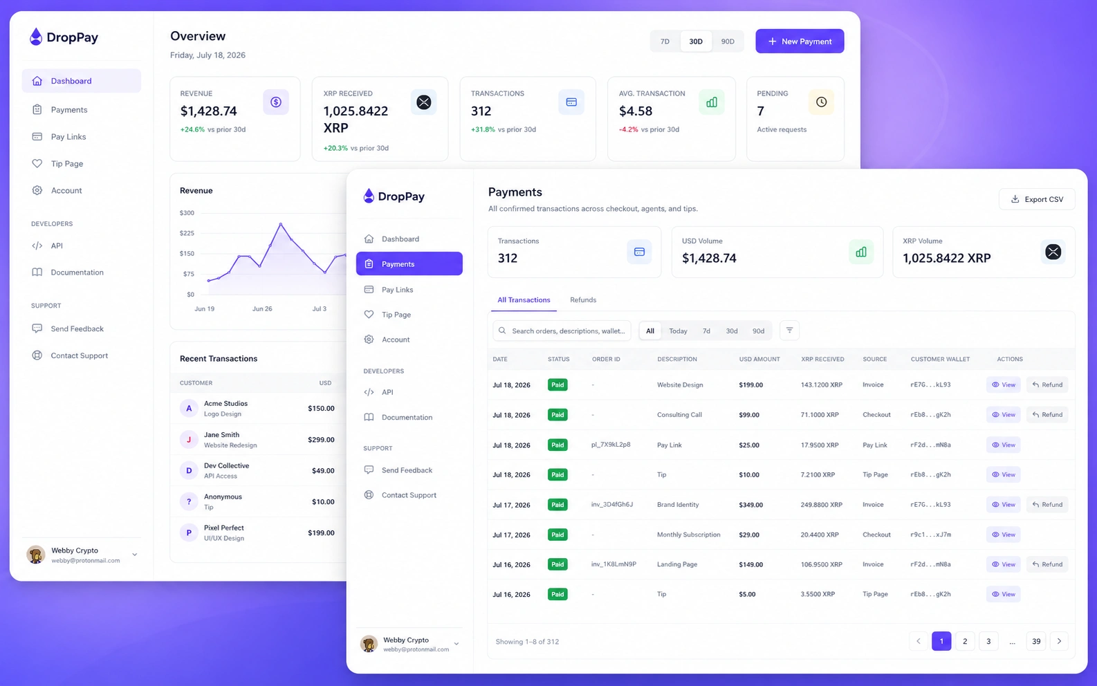 DropPay merchant dashboard showing transactions and payment status